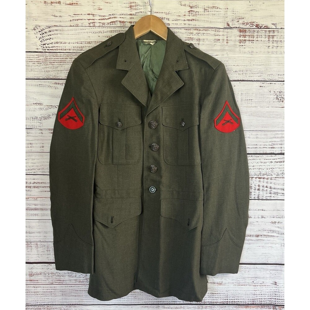 Vintage USMC Dress Service Coat Green 35L  Wool Serge Uniform Jacket Vietnam
